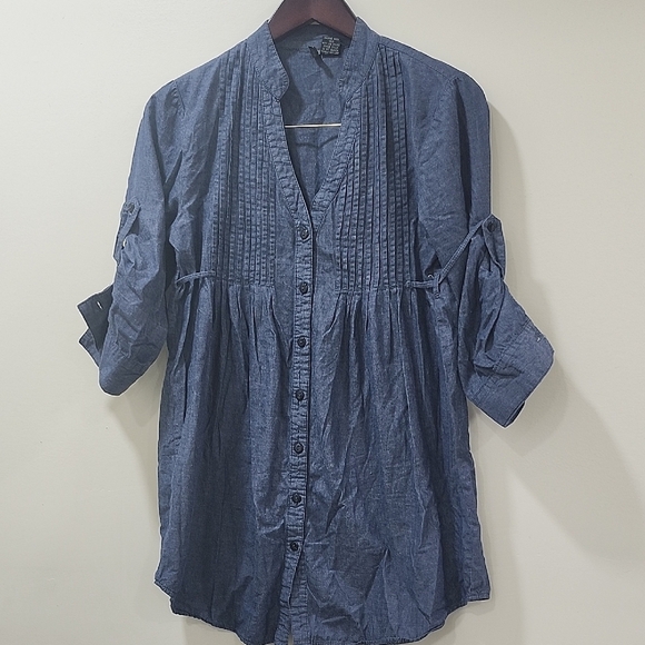 Passport Tops - Passport Maternity Gray Mandarin Collar 3/4 Sleeve Blouse